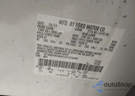 2014 Ford Explorer Xlt из США, поврежденный, VIN 1FM5K8D80EGC31649